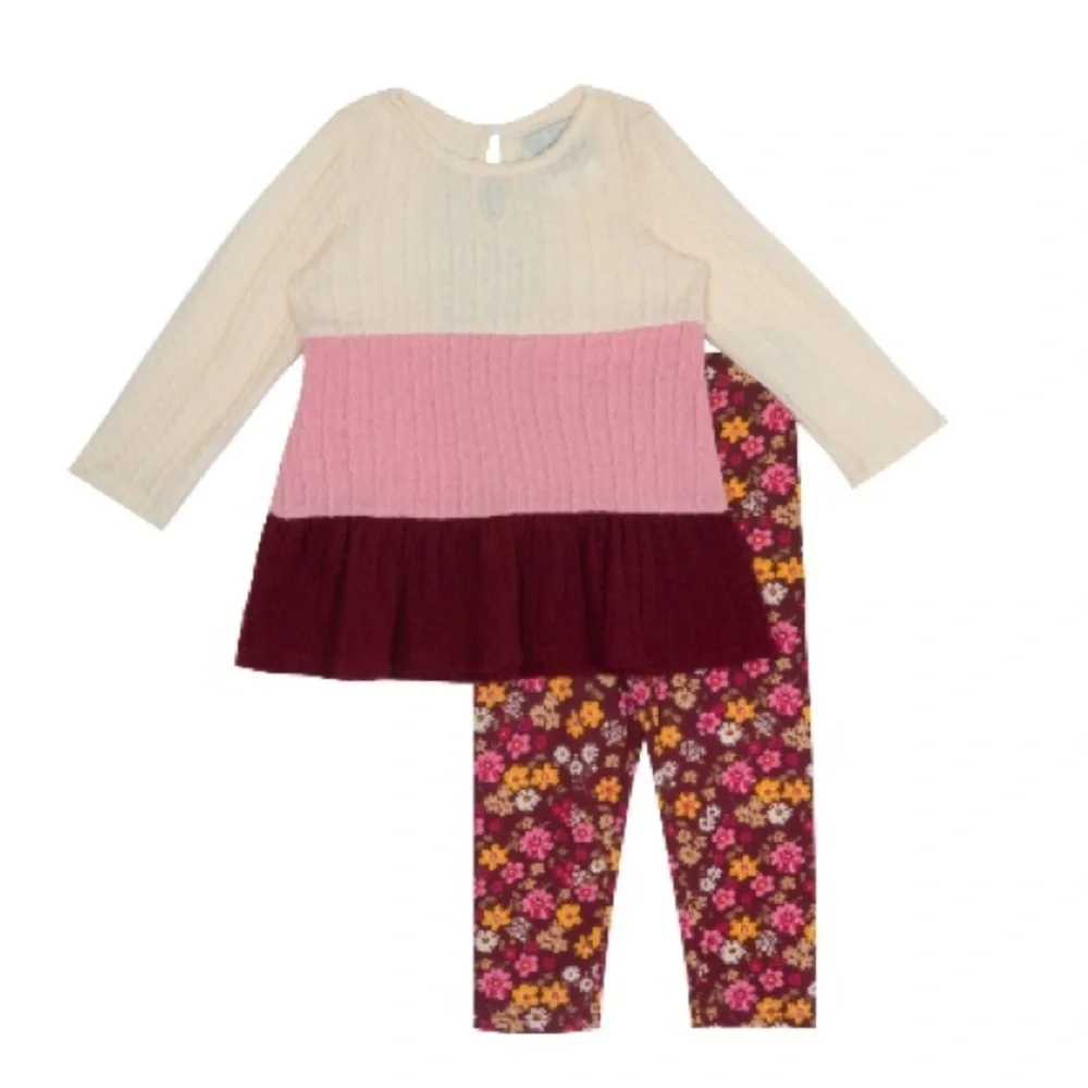 Rare Editions Baby Girls Top and Legging Outfit, 2 Piece Set - Burgundy Size 18M